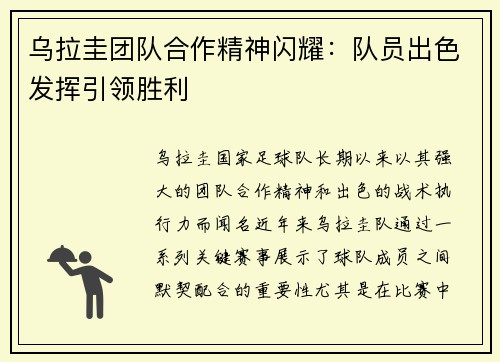 乌拉圭团队合作精神闪耀：队员出色发挥引领胜利