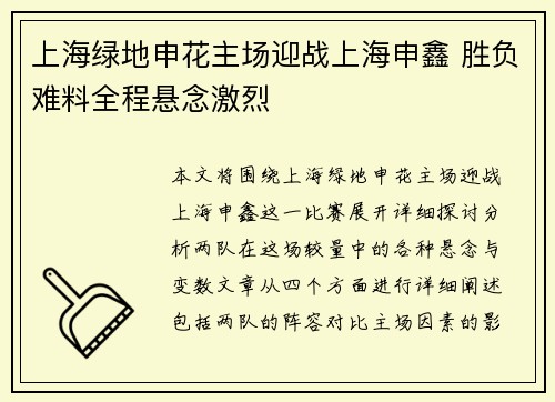 上海绿地申花主场迎战上海申鑫 胜负难料全程悬念激烈