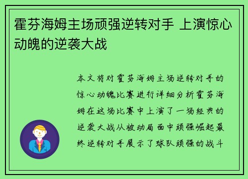 霍芬海姆主场顽强逆转对手 上演惊心动魄的逆袭大战